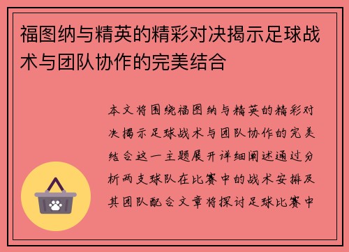 福图纳与精英的精彩对决揭示足球战术与团队协作的完美结合